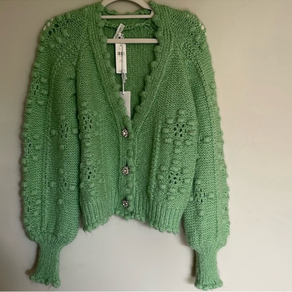 Zara Wool Alpaca Green Cardigan w jewel Buttons s S /M - Picture 2 of 7